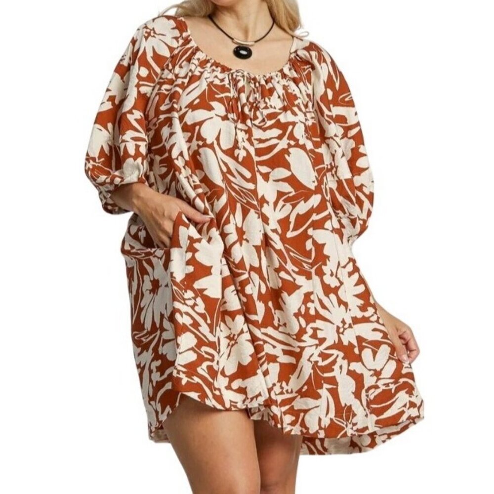 Umgee Rust Tiered Swing Dress Puff Sleeve Boho Women S Relaxed Fit NWT